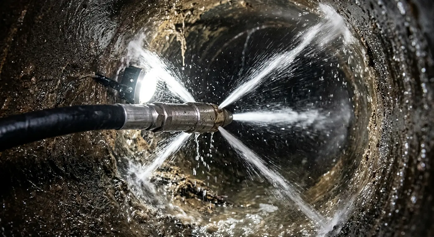 High-pressure hydro jetting nozzle cleaning sewer pipe for Emergency Drain Service in Niceville