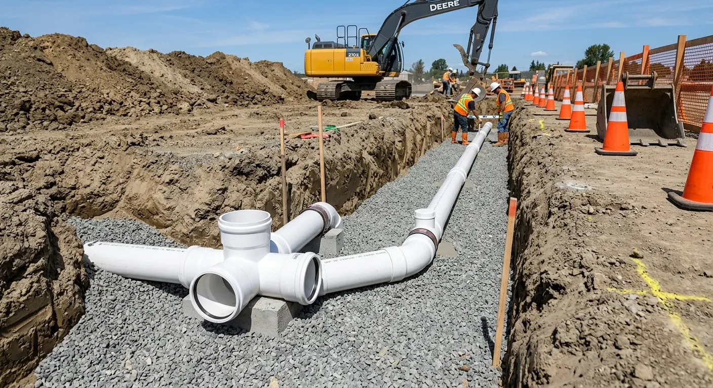 New PVC sewer pipe installation in open trench for Commercial Drain Cleaning in Niceville