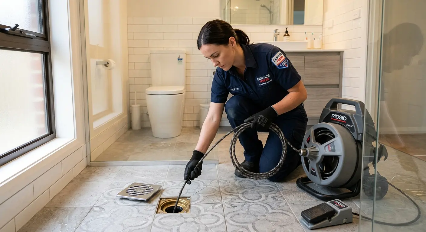 Technician clearing a bathroom floor drain for Hydro Jetting in Niceville